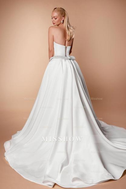 Fabulous White A-Line Strapless Sleeveless Beaded Long Split Front Satin Wedding Dresses With Pearls