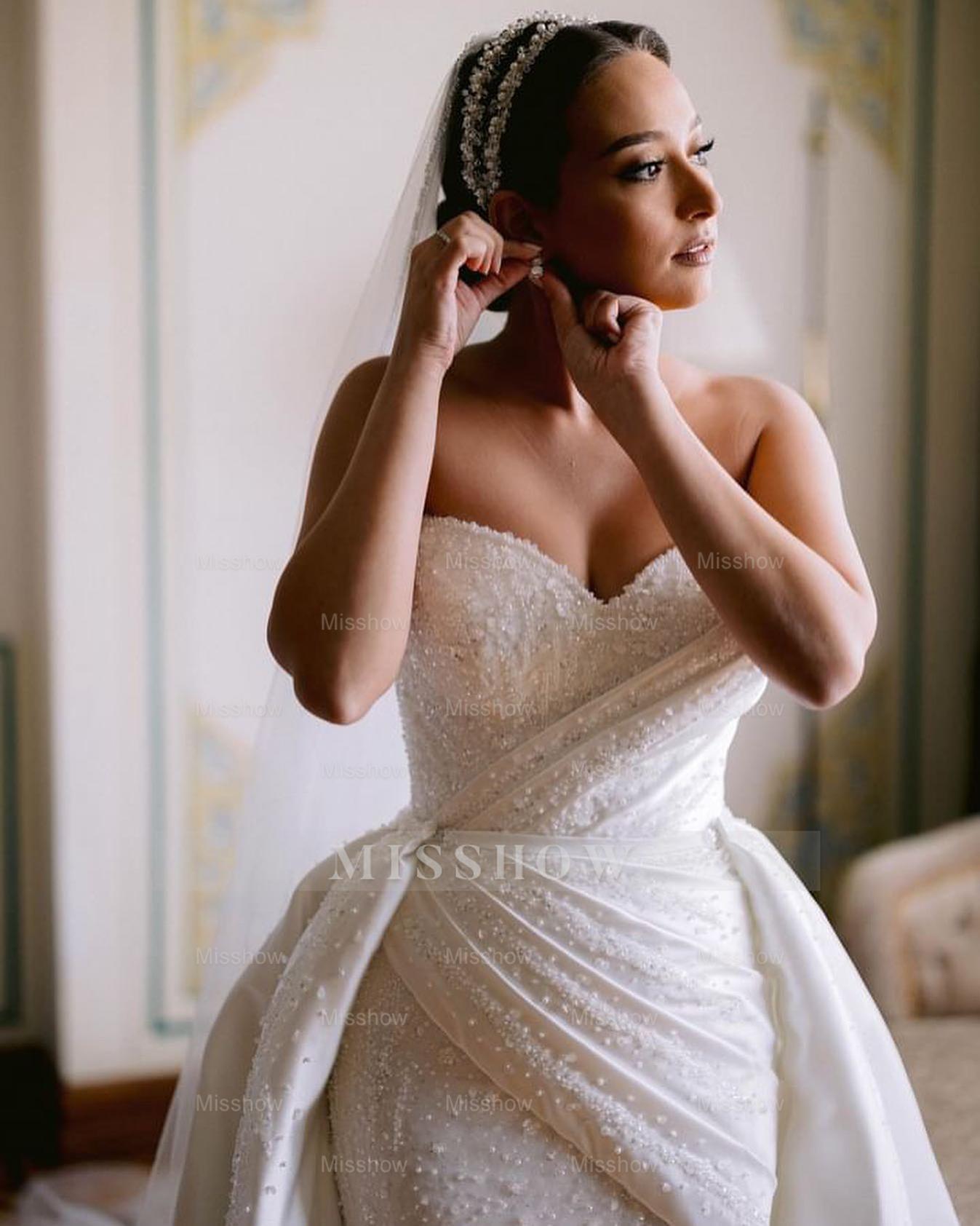 Fabulous White Column Sweetheart Sleeveless Beaded Detachable Train Satin Wedding Dress With Ruffles