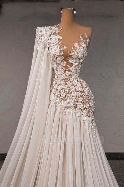 Fabulous White Lace A-Line Beaded Asymmetrical One-Shoulder Cap Sleeves Sweep Train Chiffon Wedding Dresses With Pearls