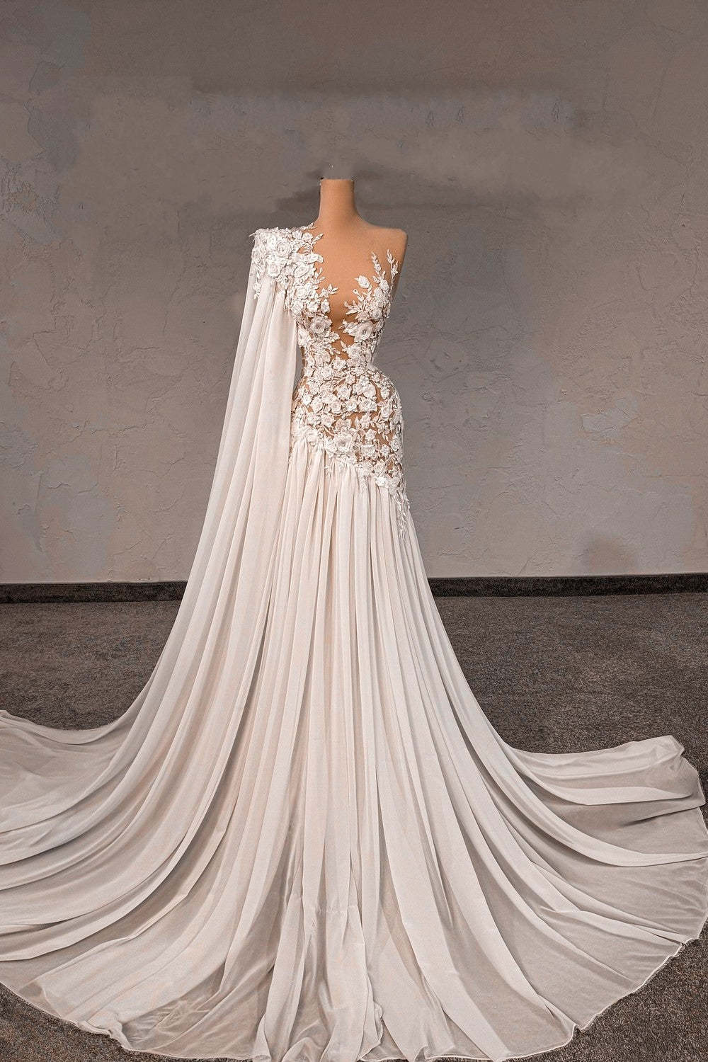 Fabulous White Lace A-Line Beaded Asymmetrical One-Shoulder Cap Sleeves Sweep Train Chiffon Wedding Dresses With Pearls