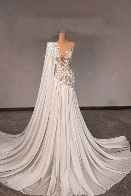 Fabulous White Lace A-Line Beaded Asymmetrical One-Shoulder Cap Sleeves Sweep Train Chiffon Wedding Dresses With Pearls