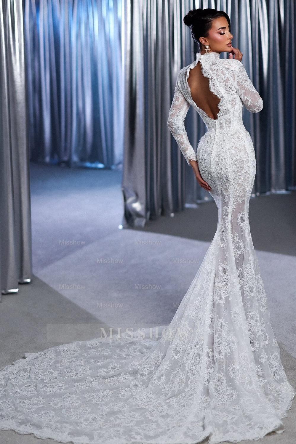 Fabulous White Lace Mermaid High-Neck Long Sleeves Sweep Train Tulle Wedding Dresses