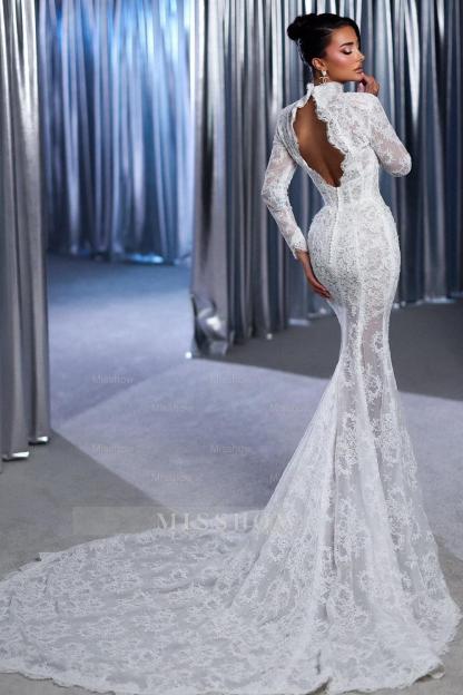 Fabulous White Lace Mermaid High-Neck Long Sleeves Sweep Train Tulle Wedding Dresses