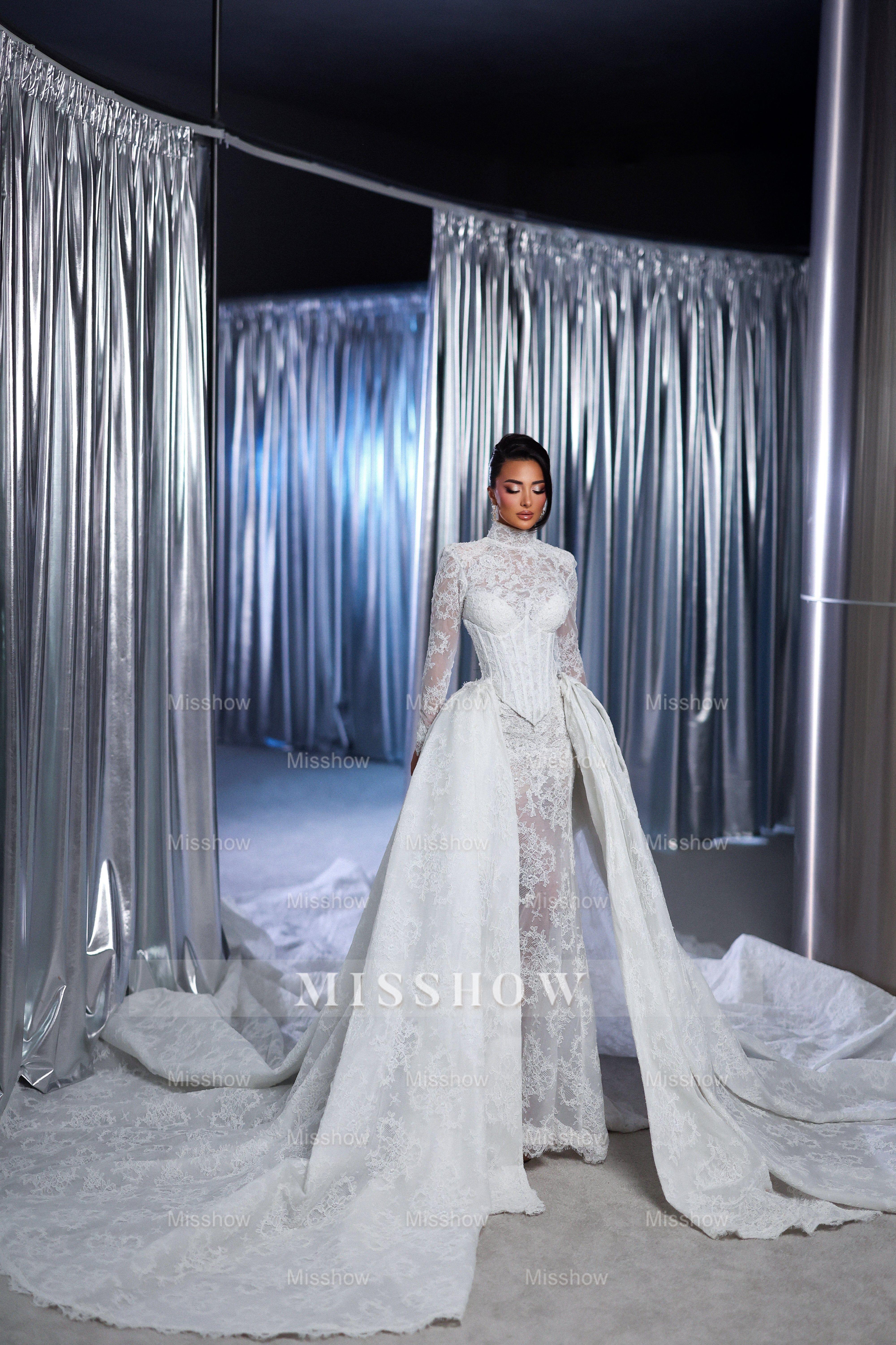 Fabulous White Lace Mermaid High-Neck Long Sleeves Sweep Train Tulle Wedding Dresses