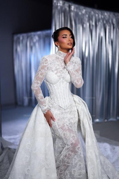 Fabulous White Lace Mermaid High-Neck Long Sleeves Sweep Train Tulle Wedding Dresses