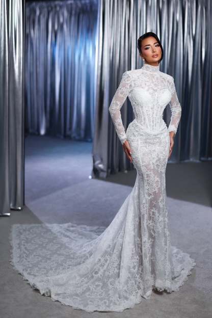 Fabulous White Lace Mermaid High-Neck Long Sleeves Sweep Train Tulle Wedding Dresses