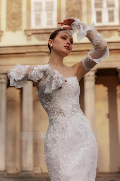 Fabulous White Lace Mermaid Strapless Sequined Sleeveless Sweep Train Wedding Dresses With Appliques