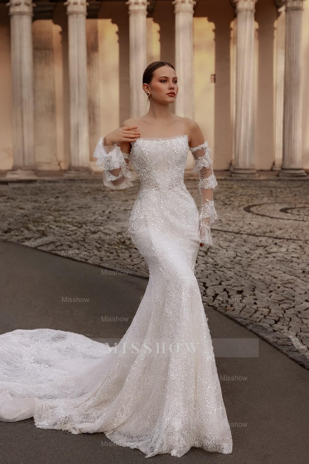 Fabulous White Lace Mermaid Strapless Sequined Sleeveless Sweep Train Wedding Dresses With Appliques