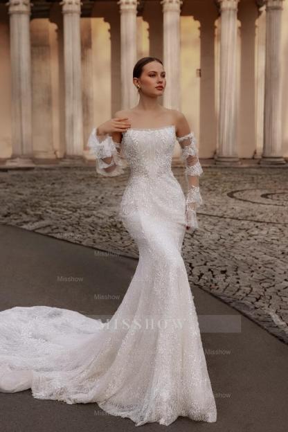 Fabulous White Lace Mermaid Strapless Sequined Sleeveless Sweep Train Wedding Dresses With Appliques