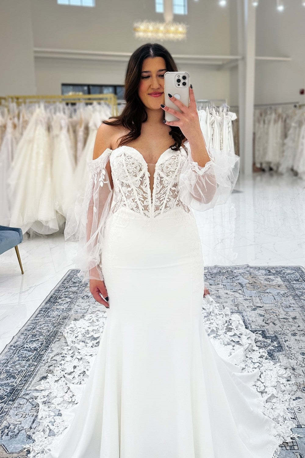 Fabulous White Lace Mermaid V-Neck Off-The-Shoulder Long Sleeves Cathedral Train Satin Wedding Dresses