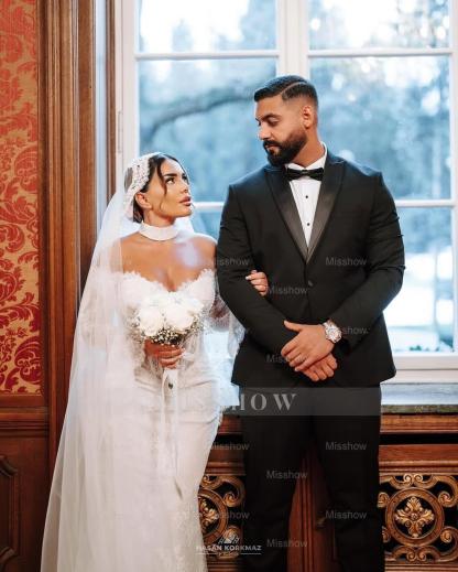 Fabulous White Mermaid Strapless Off-The-Shoulder Long Sleeves Lace Sweep Train Wedding Dress