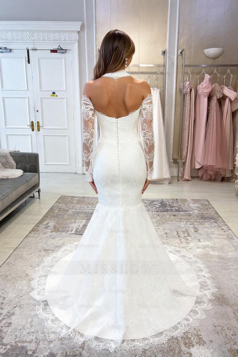 Fabulous White Mermaid V-Neck Strapless Lace Off-The-Shoulder Long Sleeves Chapel Train Wedding Dress