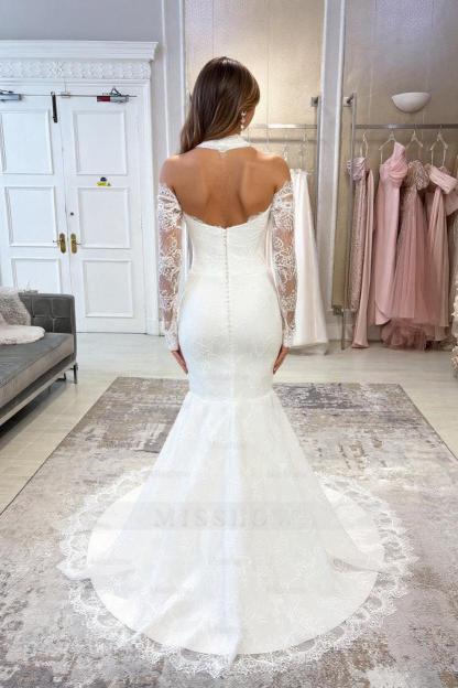 Fabulous White Mermaid V-Neck Strapless Lace Off-The-Shoulder Long Sleeves Chapel Train Wedding Dress