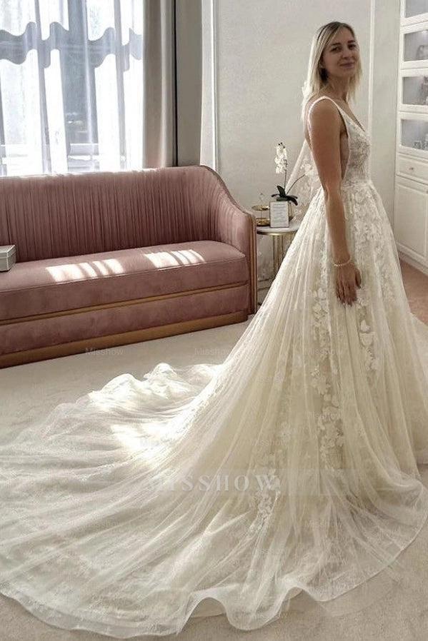 Fairy Ivory V-Neck Sleeveless A-line Wedding Dress with Appliques and Chapel Train