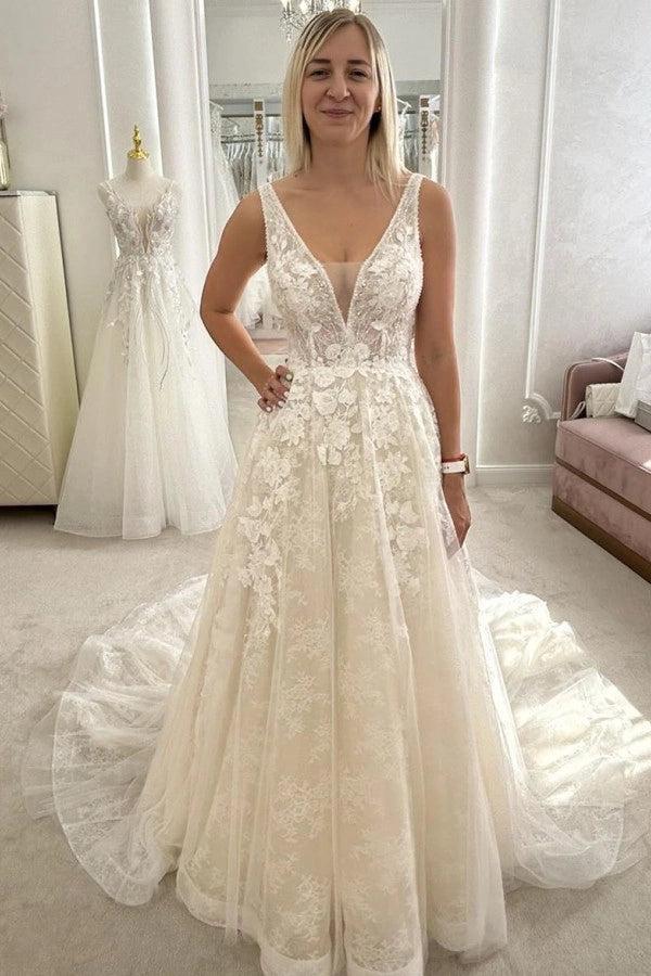 Fairy Ivory V-Neck Sleeveless A-line Wedding Dress with Appliques and Chapel Train