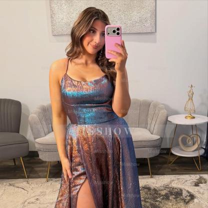 Fashinable Long Simple A-line Speghetti Straps Prom Dress with Slit