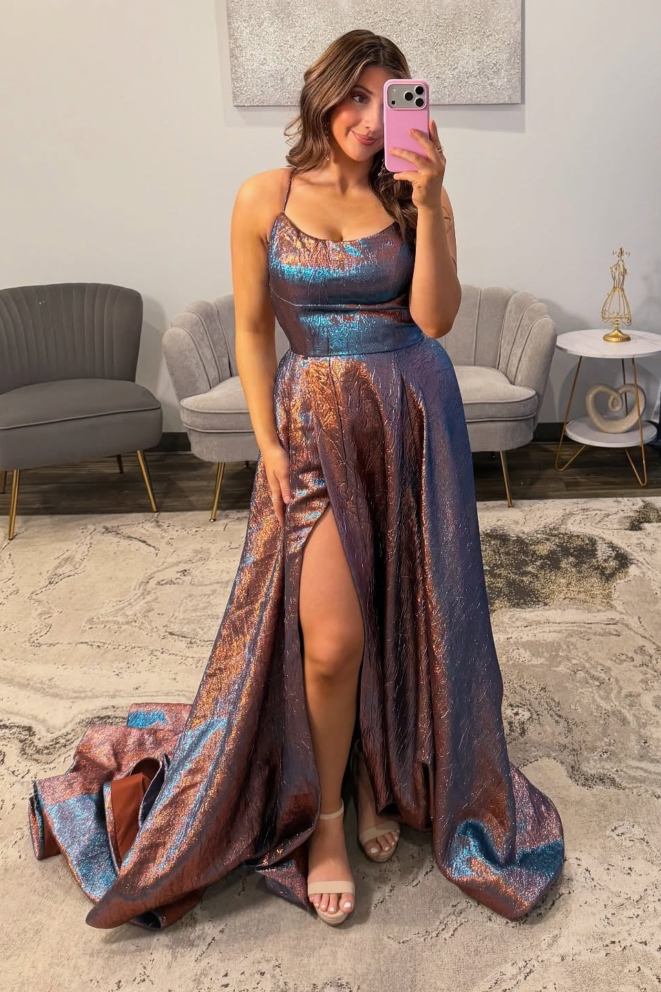 Fashinable Long Simple A-line Speghetti Straps Prom Dress with Slit