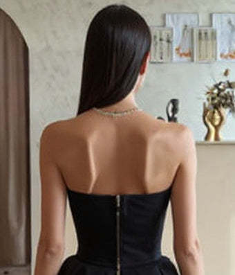 Fashion Black Strapless A-Line Sleeveless Sweep Train Satin Ruffle Prom Dress With High Slit
