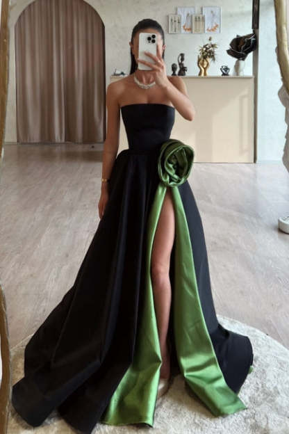 Fashion Black Strapless A-Line Sleeveless Sweep Train Satin Ruffle Prom Dress With High Slit