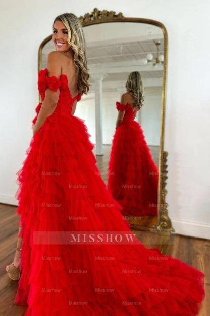 Fashion Long Red Mermaid Off-the-shoulder A-line Lace Prom Dress with Slit