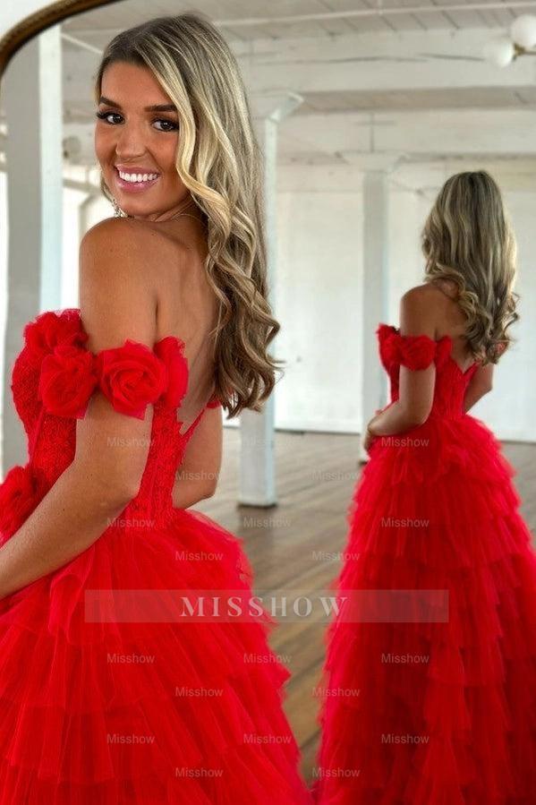 Fashion Long Red Mermaid Off-the-shoulder A-line Lace Prom Dress with Slit