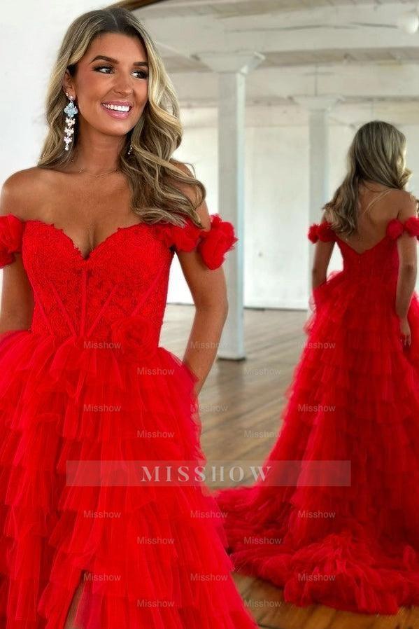 Fashion Long Red Mermaid Off-the-shoulder A-line Lace Prom Dress with Slit
