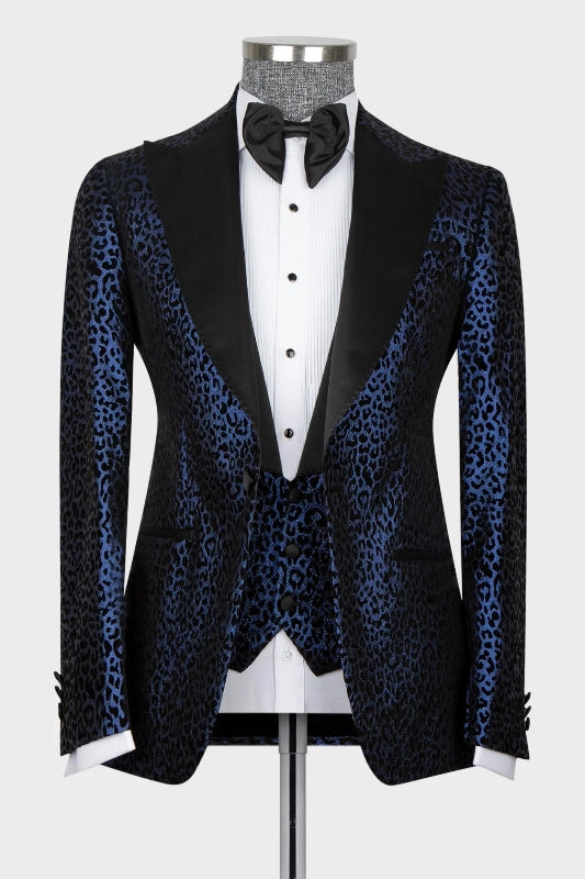 Fashion Navy Blue Jacquard Peaked Lapel Three-Piece Prom Suit