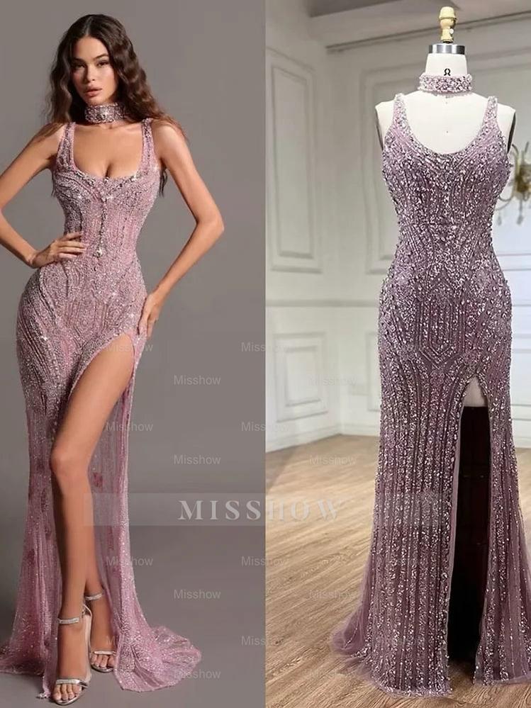 Fashion Sheath Bead Embroidery Dusk Square Split Long Formal Dress