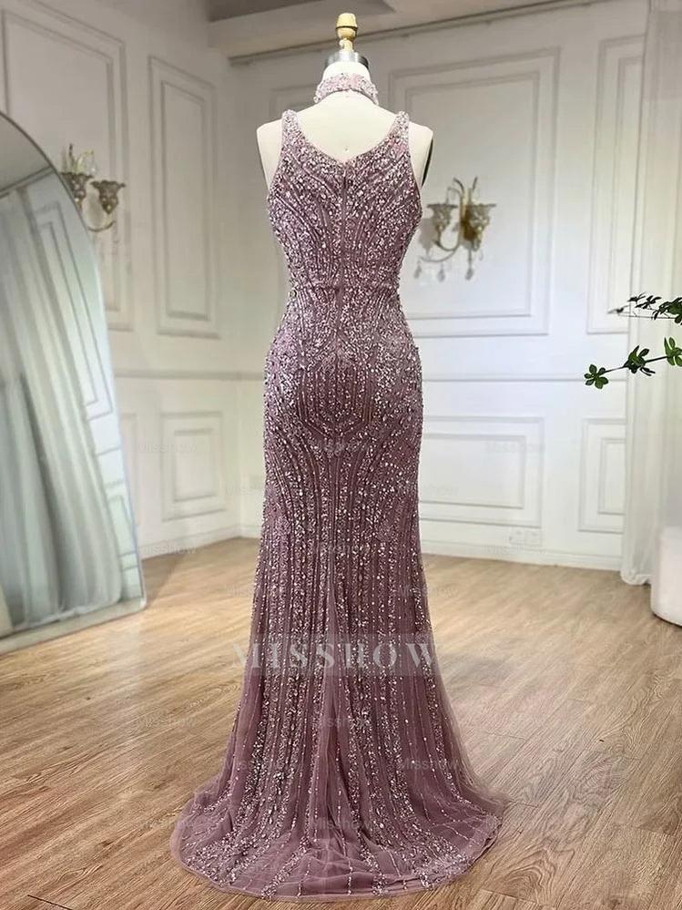 Fashion Sheath Bead Embroidery Dusk Square Split Long Formal Dress