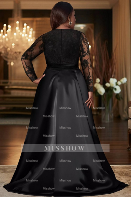 Fashionable Black A-Line V-Neck Lace Long Sleeves Long Satin Evening Dresses With Slit