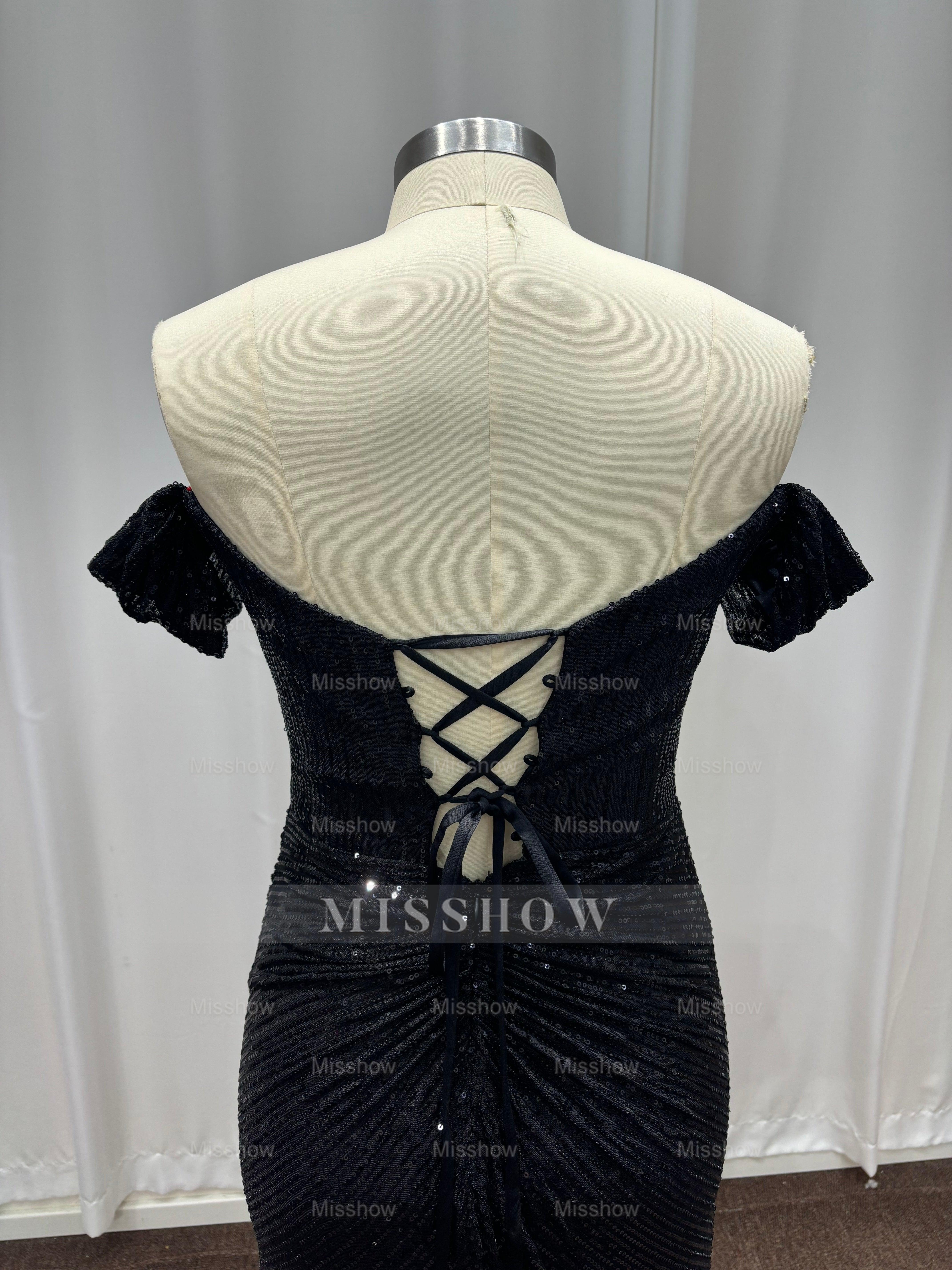 Fashionable Black Off-The-Shoulder Sequined Mermaid Evening Dress with Slit