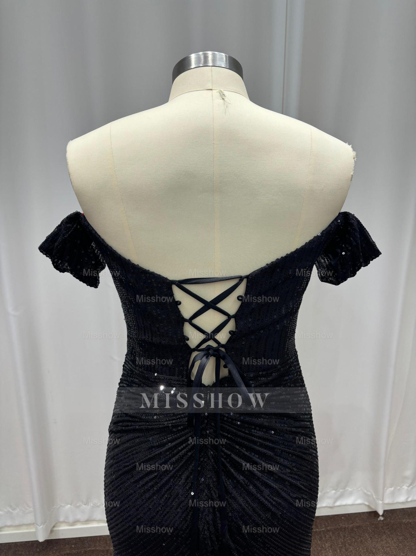 Fashionable Black Off-The-Shoulder Sequined Mermaid Evening Dress with Slit