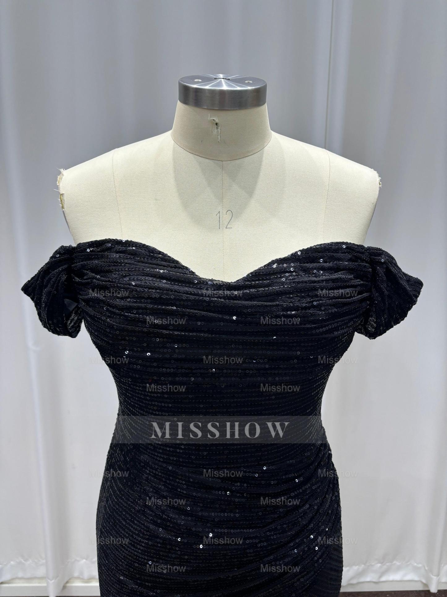 Fashionable Black Off-The-Shoulder Sequined Mermaid Evening Dress with Slit