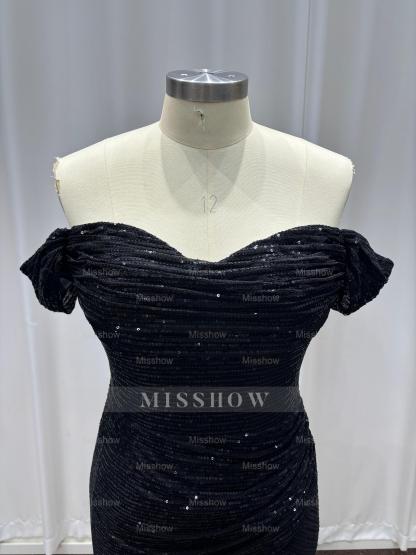Fashionable Black Off-The-Shoulder Sequined Mermaid Evening Dress with Slit