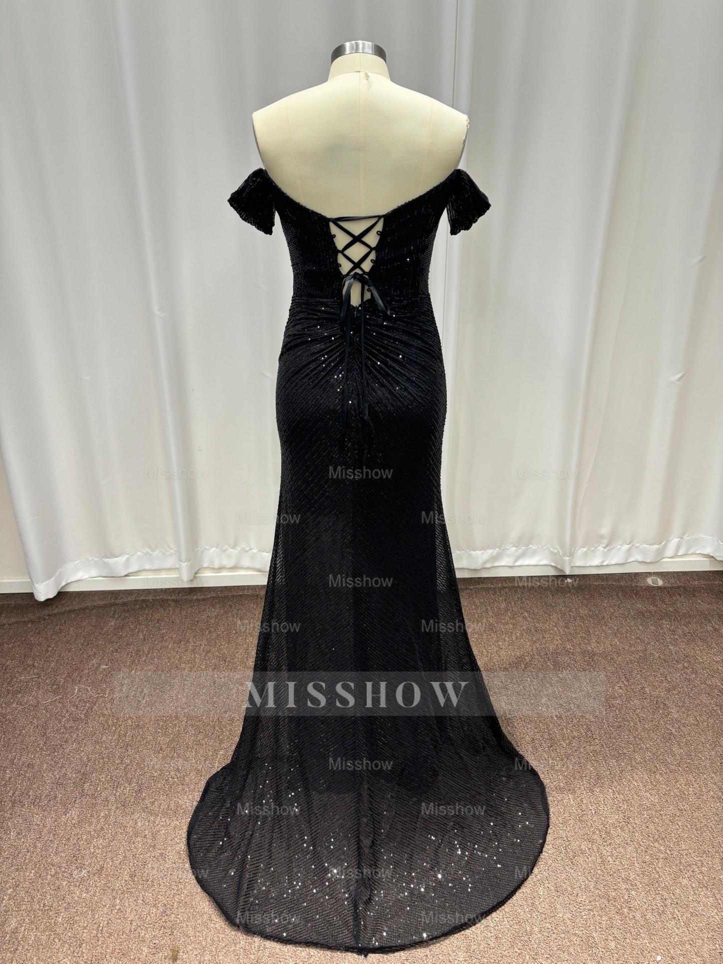 Fashionable Black Off-The-Shoulder Sequined Mermaid Evening Dress with Slit