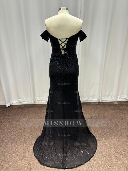 Fashionable Black Off-The-Shoulder Sequined Mermaid Evening Dress with Slit
