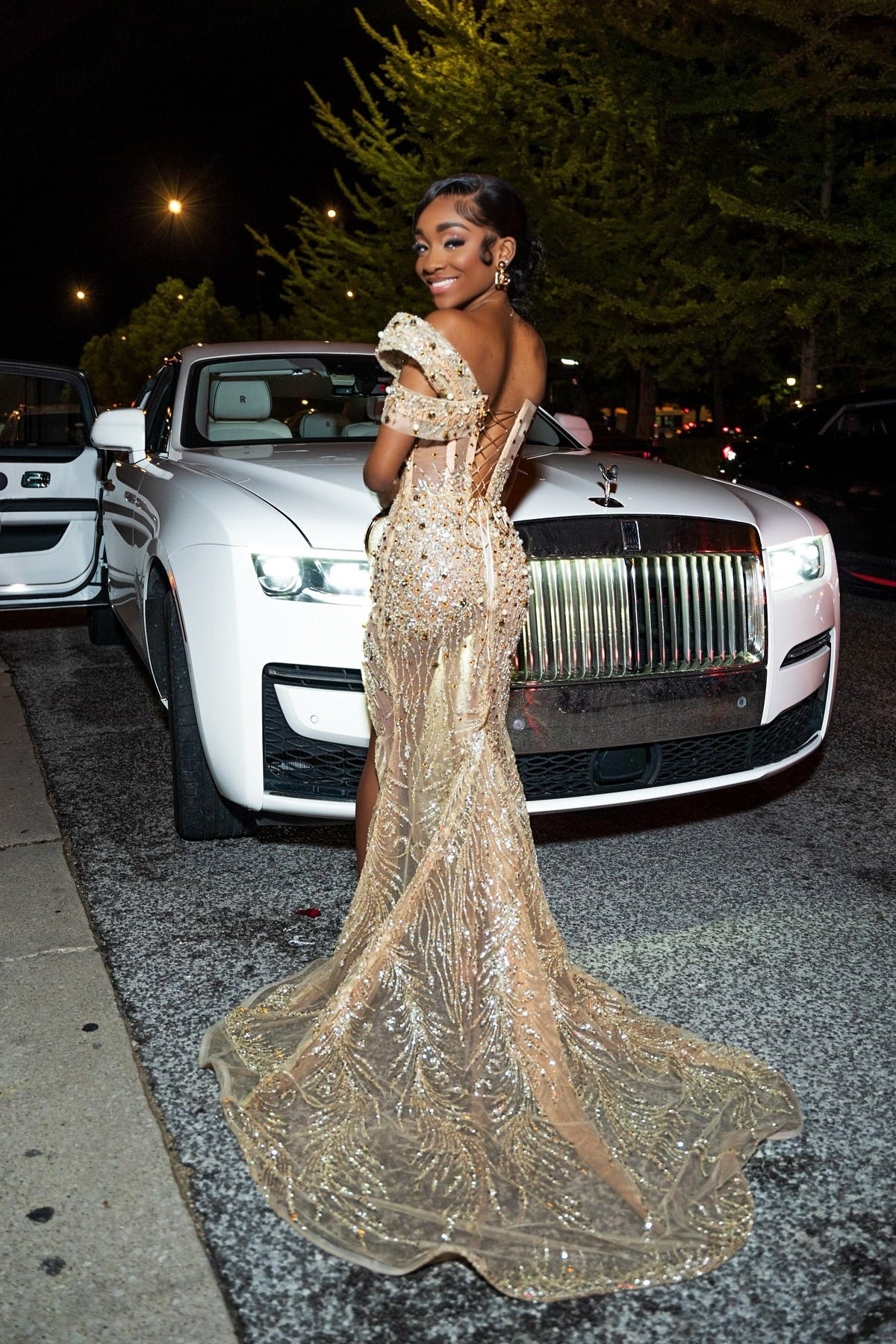 Fashionable Champagne One Shoulder Mermaid Beaded Lace Corset Prom Dress with Slit