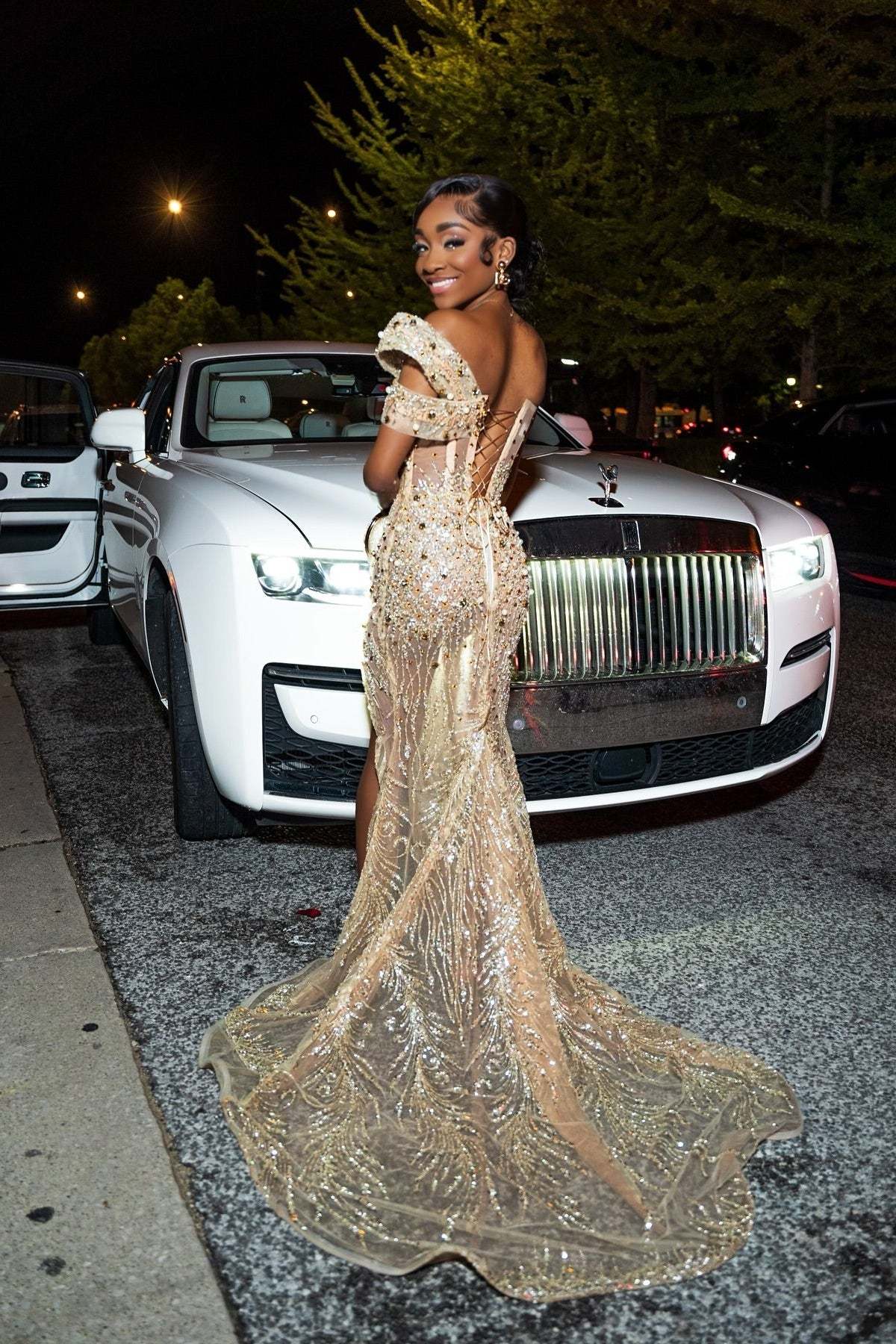 Fashionable Champagne One Shoulder Mermaid Beaded Lace Corset Prom Dress with Slit