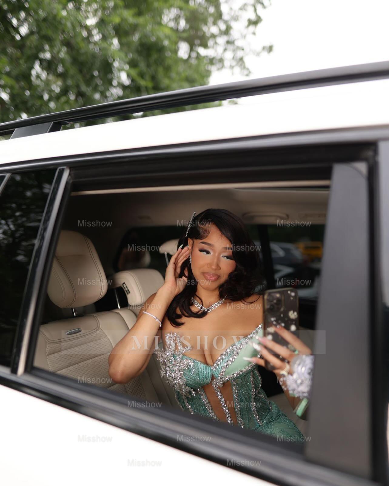 Fashionable Dusty Sage One Shoulder Sleeveless Mermaid Prom Dress with Slit and Rhinestones