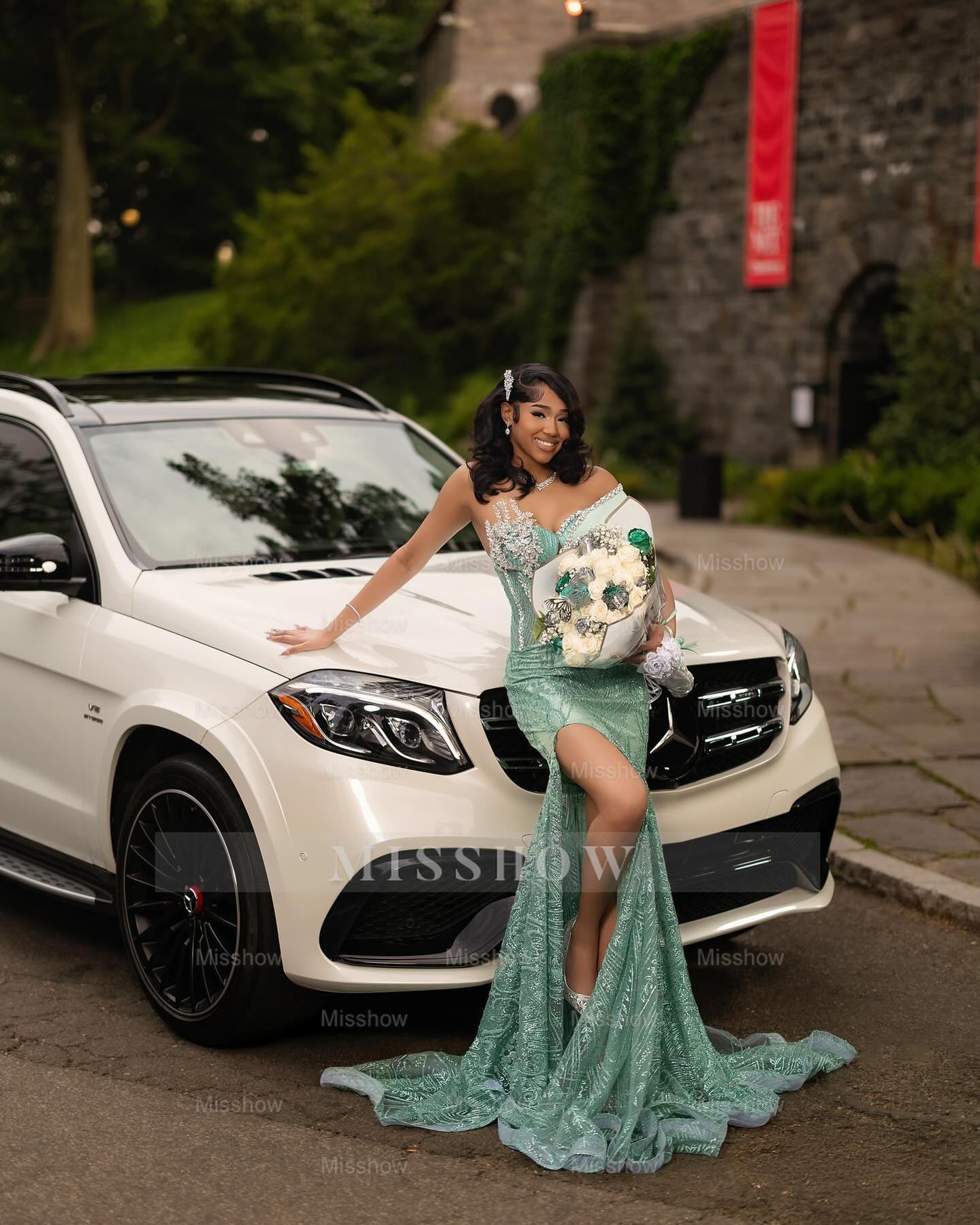 Fashionable Dusty Sage One Shoulder Sleeveless Mermaid Prom Dress with Slit and Rhinestones