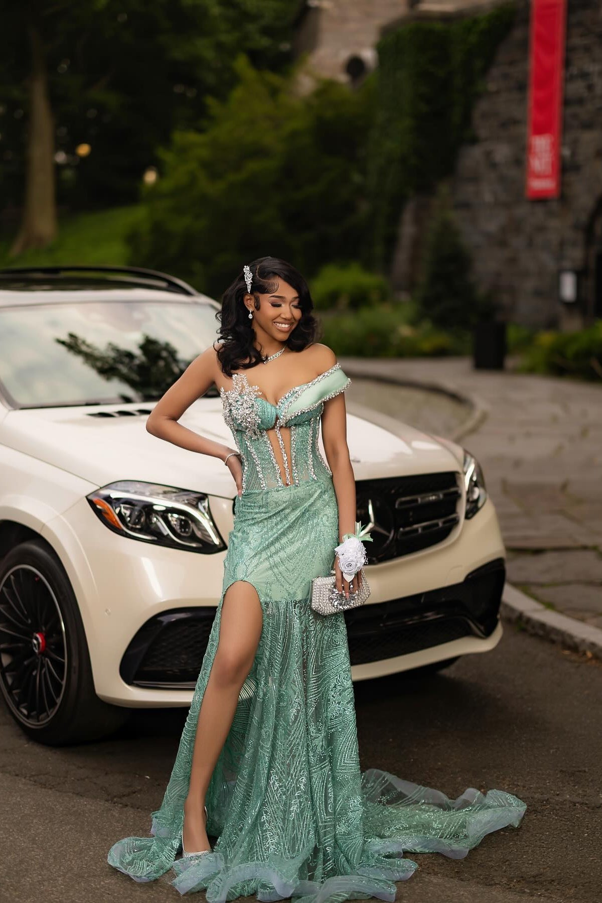 Fashionable Dusty Sage One Shoulder Sleeveless Mermaid Prom Dress with Slit and Rhinestones