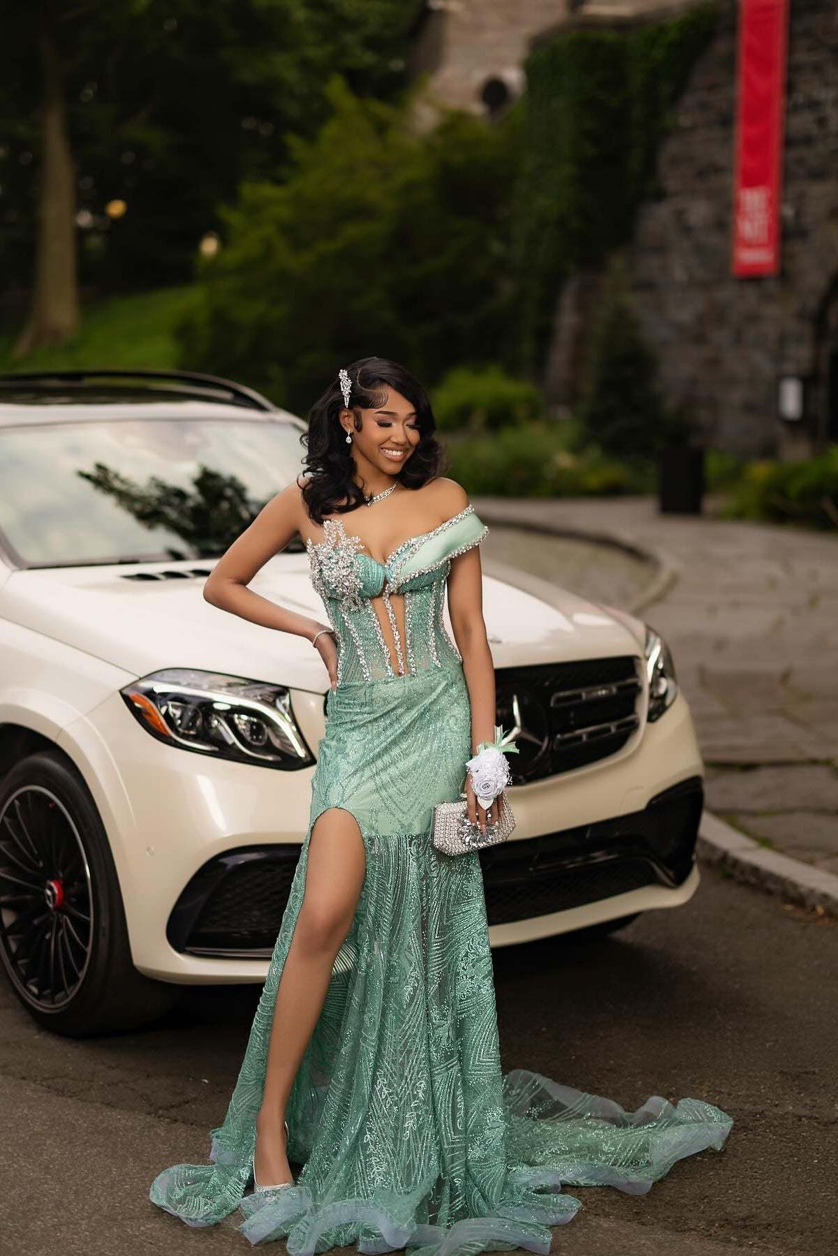 Fashionable Dusty Sage One Shoulder Sleeveless Mermaid Prom Dress with Slit and Rhinestones