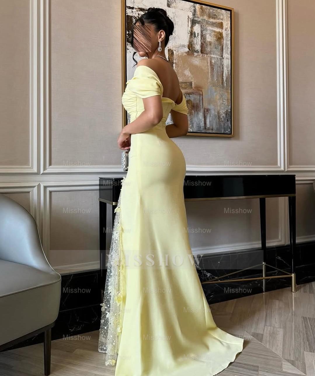 Fashionable Long Daffodil Mermaid Off-The-Shoulder Long-Sleeve Evening Dress with Slit and 3D Flowers