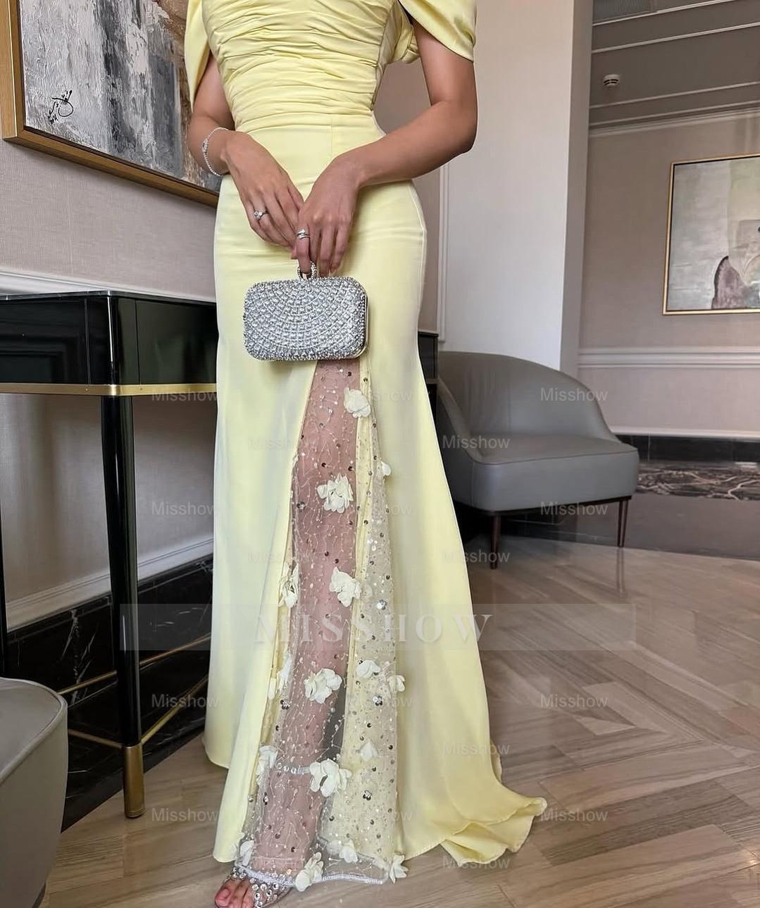 Fashionable Long Daffodil Mermaid Off-The-Shoulder Long-Sleeve Evening Dress with Slit and 3D Flowers