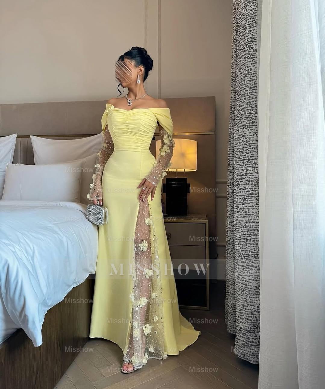 Fashionable Long Daffodil Mermaid Off-The-Shoulder Long-Sleeve Evening Dress with Slit and 3D Flowers