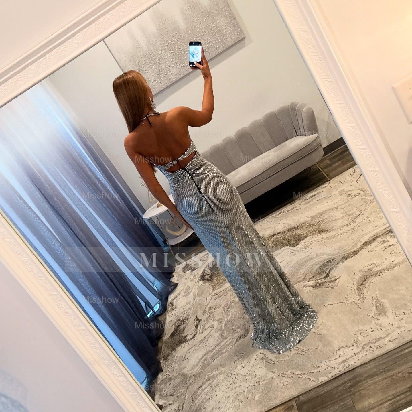 Fashionable Long Halter Silver Sleeveless Mermaid Prom Dress with Slit