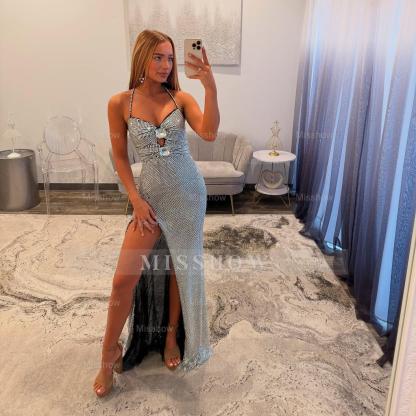 Fashionable Long Halter Silver Sleeveless Mermaid Prom Dress with Slit