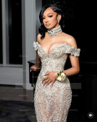 Fashionable Long Off-The-Shoulder Sleeveless Mermaid Prom Dress with Appliques and Rhinestones