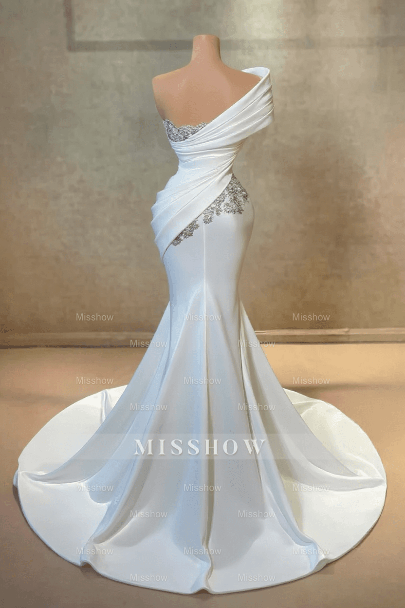 Fashionable Long White One Shoulder Mermaid Lace Satin Prom Evening Dresses with Rhinestones