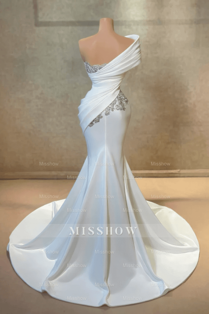 Fashionable Long White One Shoulder Mermaid Lace Satin Prom Evening Dresses with Rhinestones